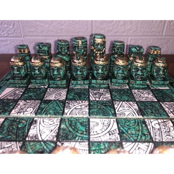 Chess set 10.23” x 10.23”, Resin Chess set in green and white, Olmec chess, Chess set handmade, Wooden chess, Doubles as a book