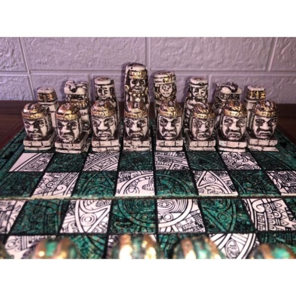 Chess set 10.23” x 10.23”, Resin Chess set in green and white, Olmec chess, Chess set handmade, Wooden chess, Doubles as a book