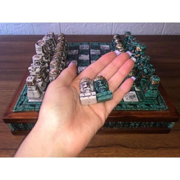 Chess set 10.23” x 10.23”, Resin Chess set in green and white, Olmec chess, Chess set handmade, Wooden chess, Doubles as a book