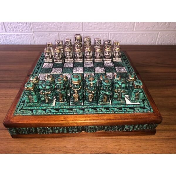 Chess set 10.23” x 10.23”, Resin Chess set in green and white, Olmec chess, Chess set handmade, Wooden chess, Doubles as a book