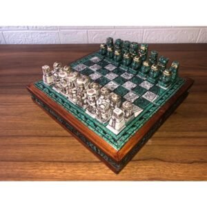Chess set 10.23” x 10.23”, Resin Chess set in green and white, Olmec chess, Chess set handmade, Wooden chess, Doubles as a book