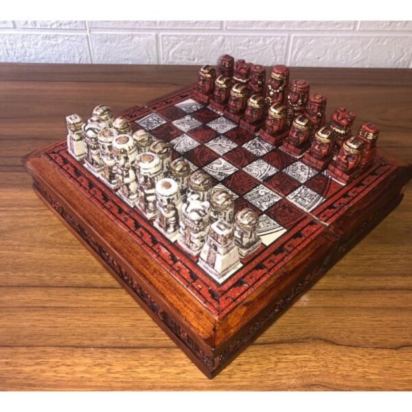 Chess set 10.23” x 10.23”, Resin Chess set in red and white, Mexican chess, Chess set handmade, Wooden chess, Doubles as a book