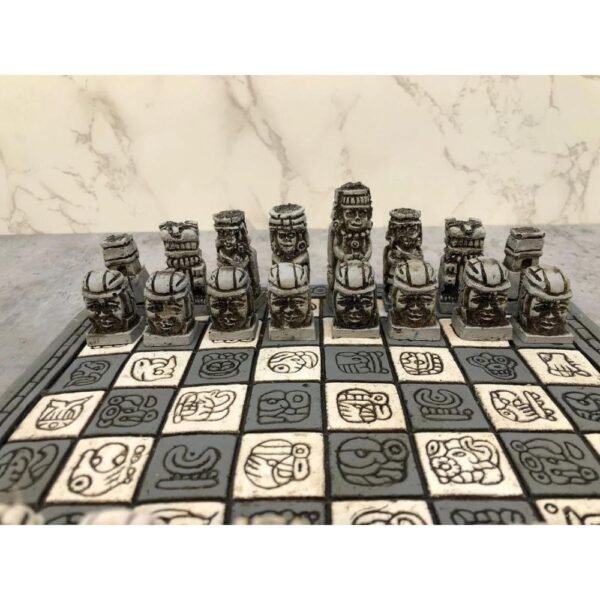 Chess set 11.81” x 11.81”, Resin Chess set in gray and white, Olmec chess, Chess set handmade, Resin chess