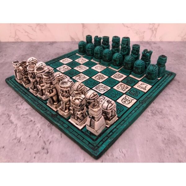 Chess set 11.81” x 11.81”, Resin Chess set in green and white, Olmec chess, Chess set handmade, Resin chess