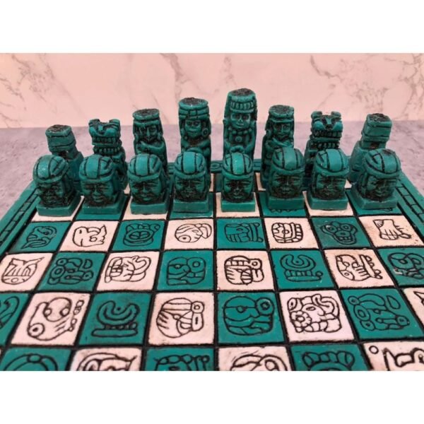 Chess set 11.81” x 11.81”, Resin Chess set in green and white, Olmec chess, Chess set handmade, Resin chess