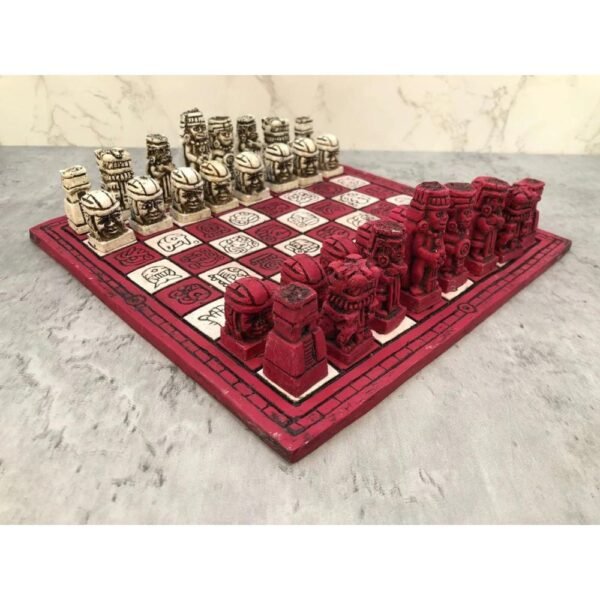 Chess set 11.81” x 11.81”, Resin Chess set in red and white, Olmec chess, Chess set handmade, Resin chess