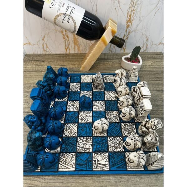 Chess set 12.59” x 12.59”, Resin Chess set in blue and white, Chess set handmade, Soviet chess set, Mexican chess
