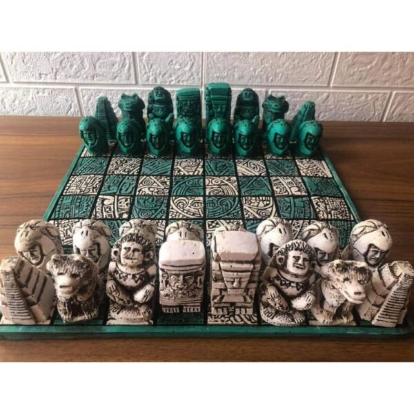 🌟 Mexican Chess Set 12.59" x 12.59", Resin Chess Set in Green and White, Handmade, Aztec Design 🌟