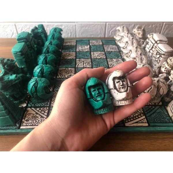 Chess set 12.59” x 12.59”, Resin Chess set in green and white, Chess set handmade, Soviet chess set, Mexican chess