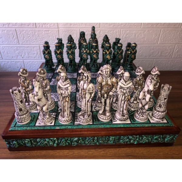 Chess set 16.53” x 16.53”, Resin Chess set in green and white, Mexican chess, Chess set handmade, Wooden chess, Doubles as a book