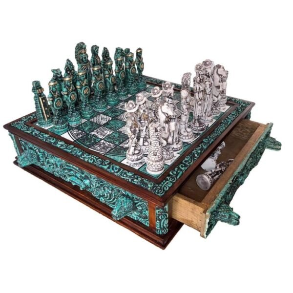 Chess set 16.53” x 16.53”, Resin Chess set in green and white, Mexican chess, Chess set handmade, Soviet chess set, Wooden chess