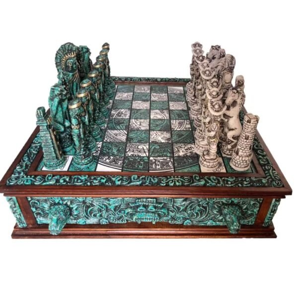 Chess set 16.53” x 16.53”, Resin Chess set in green and white, Mexican chess, Chess set handmade, Soviet chess set, Wooden chess