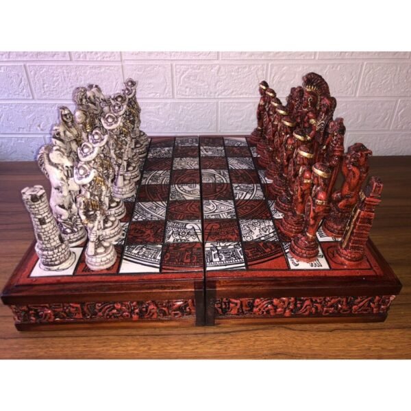 Chess set 16.53” x 16.53”, Resin Chess set in red and white, Mexican chess, Chess set handmade, Wooden chess, Doubles as a book