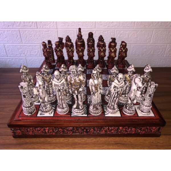 Chess set 16.53” x 16.53”, Resin Chess set in red and white, Mexican chess, Chess set handmade, Wooden chess, Doubles as a book