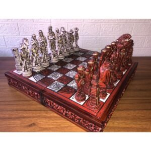 Chess set 16.53” x 16.53”, Resin Chess set in red and white, Mexican chess, Chess set handmade, Wooden chess, Doubles as a book
