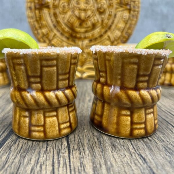 Gold Ceramic Aztec Calendar Tequila Shot Glass, Guadalajara Tequila and Mezcal, Unique Set as father's day gift, Tequila set of 8 pieces