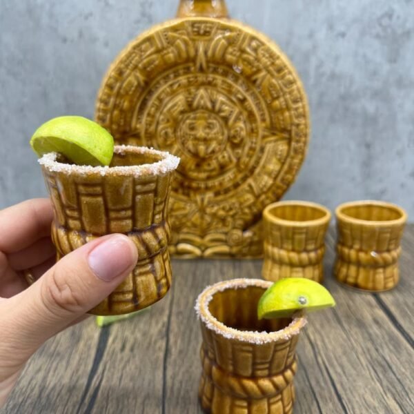 Gold Ceramic Aztec Calendar Tequila Shot Glass, Guadalajara Tequila and Mezcal, Unique Set as father's day gift, Tequila set of 8 pieces