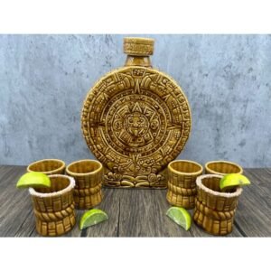 Gold Ceramic Aztec Calendar Tequila Shot Glass, Guadalajara Tequila and Mezcal, Unique Set as father's day gift, Tequila set of 8 pieces