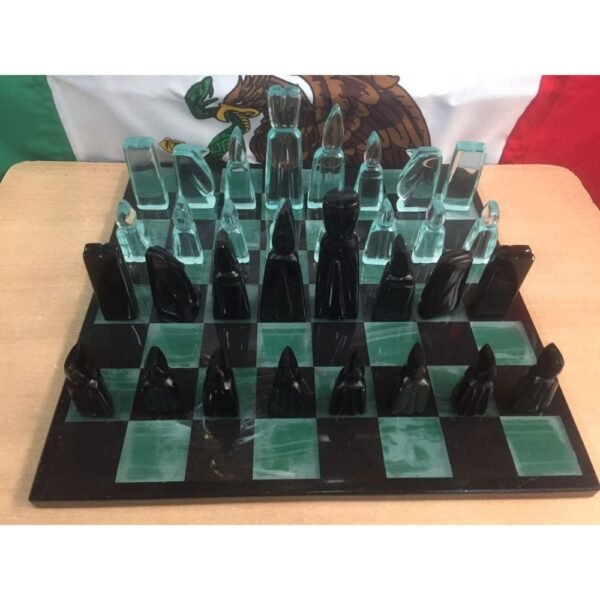 LARGE Chess 13.77” x 13.77”, Obsidian chess set in black and green, Marble chess board, Stone Chess Set, Chess set handmade, Mexican chess