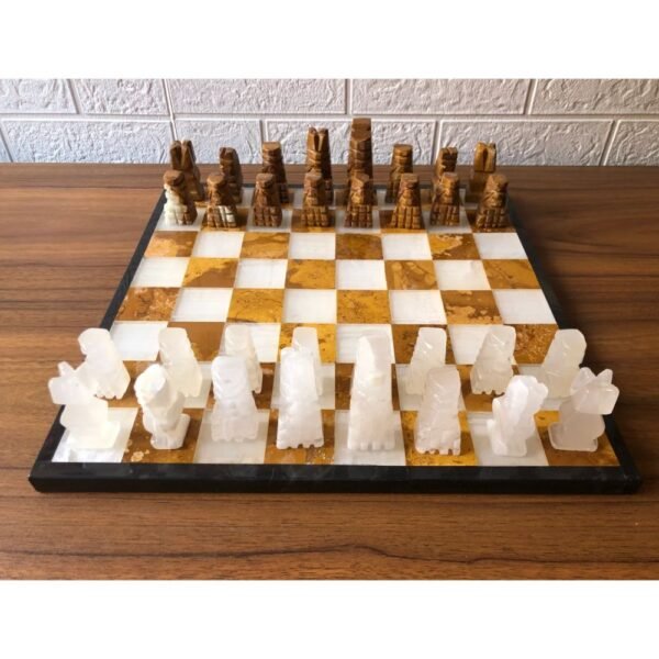 LARGE Chess set 13.77” x 13.77”, Marble Chess set in tarta and white, Stone Chess Set, Chess set handmade, Aztec chess set