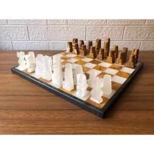 LARGE Chess set 13.77” x 13.77”, Marble Chess set in tarta and white, Stone Chess Set, Chess set handmade, Aztec chess set