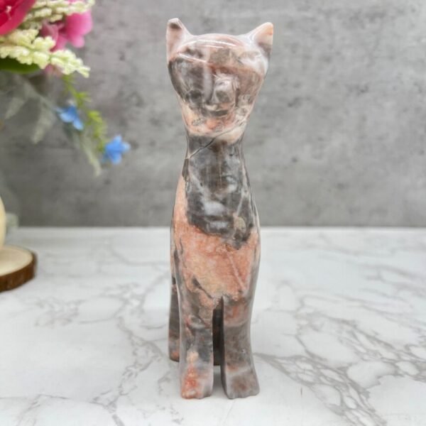 Marble Cat statue, Cat figurine, Stone cat sculpture, Cat carving, Gray Pink cat figurine, Carved stone animal