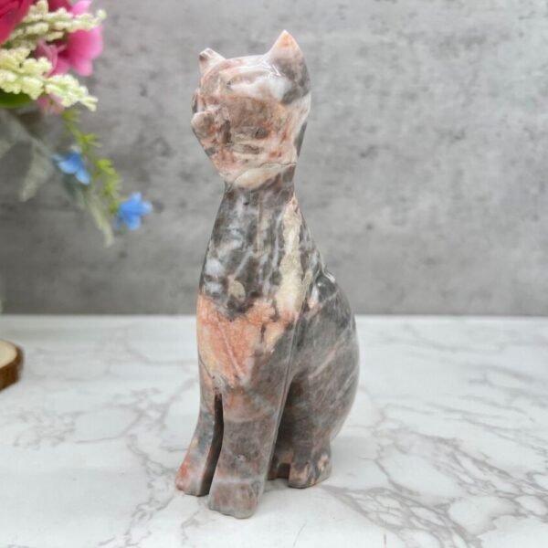 Marble Cat statue, Cat figurine, Stone cat sculpture, Cat carving, Gray Pink cat figurine, Carved stone animal