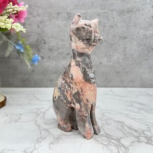 Marble Cat statue, Cat figurine, Stone cat sculpture, Cat carving, Gray Pink cat figurine, Carved stone animal