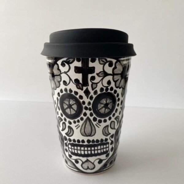 Cappuccino Cup, Dia De Los Muertos Mexican Coffee Mug, Puebla Talavera Pottery, Ceramic Thermos, Lead-Free Includes Lid, Custom Available