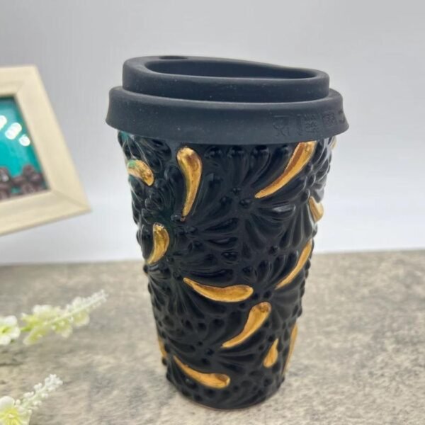 Cappuccino Cup, Gold Details Mexican Coffee Mug, Puebla Talavera Pottery, Ceramic Thermos, Handmade Lead-Free Includes Lid, Custom Available