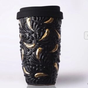 Cappuccino Cup, Gold Details Mexican Coffee Mug, Puebla Talavera Pottery, Ceramic Thermos, Handmade Lead-Free Includes Lid, Custom Available