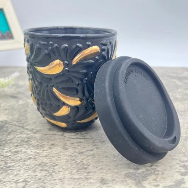 Cappuccino Cup Gold Details, Mexican Coffee Mug, Puebla Talavera Pottery, Ceramic Thermos, Handmade Lead-Free Includes Lid, Custom Available