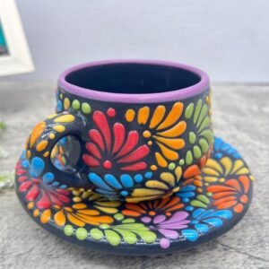 Cappuccino Cup & Plate Mexican Coffee Mug, Puebla Talavera Pottery, Ceramic Thermos, Handmade