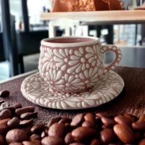 Cappuccino Cup & Plate Mexican Coffee Mug, Puebla Talavera Pottery, Ceramic Thermos, Handmade Lead-Free , Custom Available