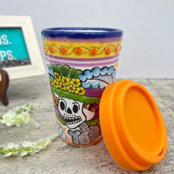 Cappuccino Skull Cup, Frida Mexican Coffee Mug, Puebla Talavera Pottery, Ceramic Thermos, Handmade Lead-Free Includes Lid, Custom Available