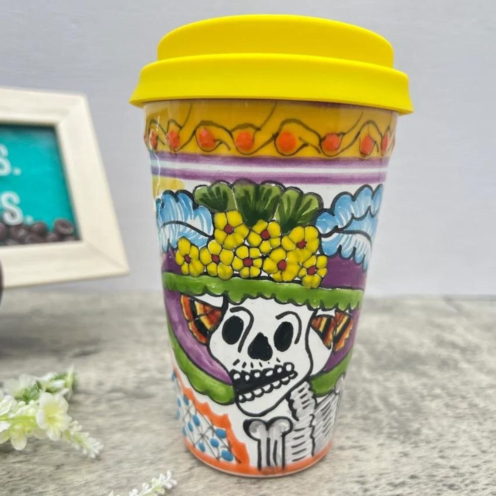 Cappuccino Skull Cup, Frida Mexican Coffee Mug, Puebla Talavera Pottery, Ceramic Thermos, Handmade Lead-Free Includes Lid, Custom Available