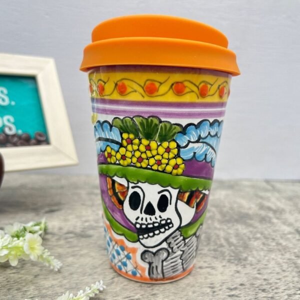 Cappuccino Skull Cup, Frida Mexican Coffee Mug, Puebla Talavera Pottery, Ceramic Thermos, Handmade Lead-Free Includes Lid, Custom Available