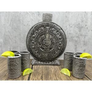 Gray Ceramic Aztec Calendar Tequila Shot Glass, Guadalajara Tequila and Mezcal, Unique Set as father's day gift, Tequila set of 8 pieces