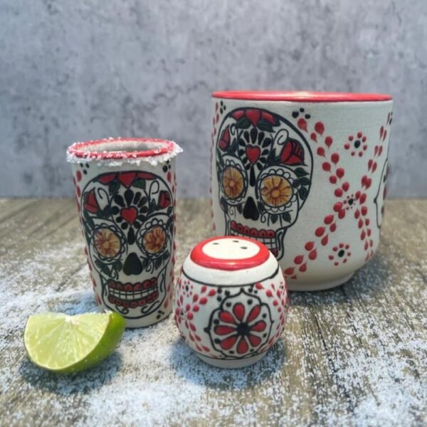 Tequila, Skull shot glass, Coffee Cup Talavera pottery, Fathers day gift, Handcrafted in Mexico, 3 pieces