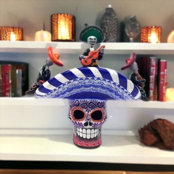 Sugar skull, Day of the Dead ornaments, skull as Mexican decoration, human skull sculpture, mariachi, 6.69 ”high