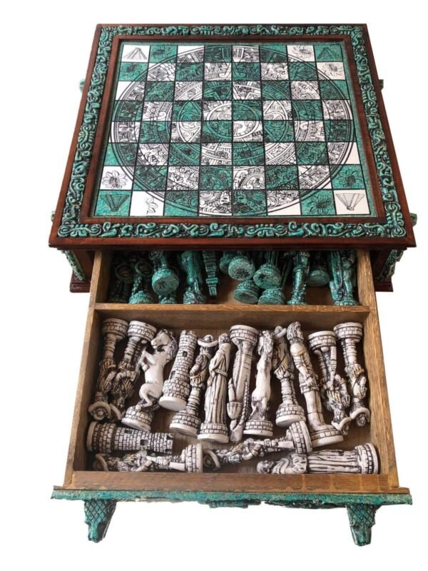 Chess set 16.53” x 16.53”, Resin Chess set in green and white, Mexican chess, Chess set handmade, Soviet chess set, Wooden chess - Image 5