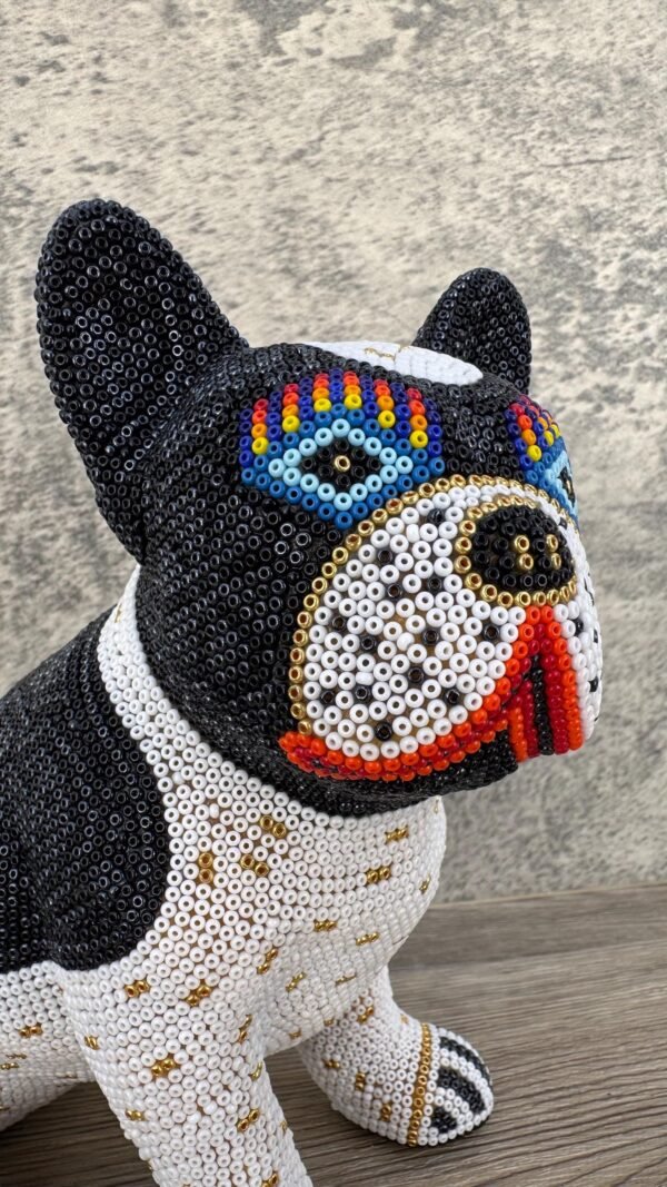 Dog Bulldog Statue Huichol Sculpture Of Mexican Folk Art, Pet Wixarika As A Mexican Decorative Figure, Made Of Resin And Beads - Image 3