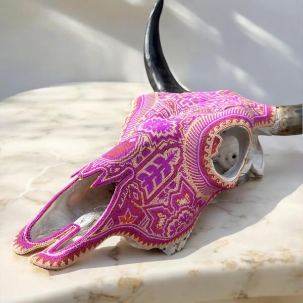 Bull Sculpture Huichol Statue Of Mexican Folk Art, Cow Wixarika As A Mexican Decorative Figure, Made Of Beads On Real Skull. “We Customize” - Image 3