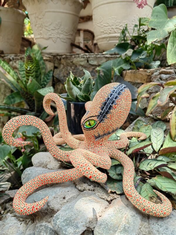 Octopus Figure Mexican Folk Art Alebrije Sculpture, Wooden As Mexican Decoration Statue, Made Of Wood And Carved By Hand - Image 3