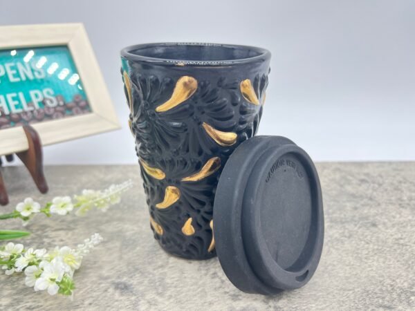 Cappuccino Cup, Gold Details Mexican Coffee Mug, Puebla Talavera Pottery, Ceramic Thermos, Handmade Lead-Free Includes Lid, Custom Available - Image 3