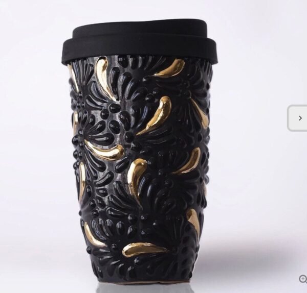 Cappuccino Cup, Gold Details Mexican Coffee Mug, Puebla Talavera Pottery, Ceramic Thermos, Handmade Lead-Free Includes Lid, Custom Available - Image 4