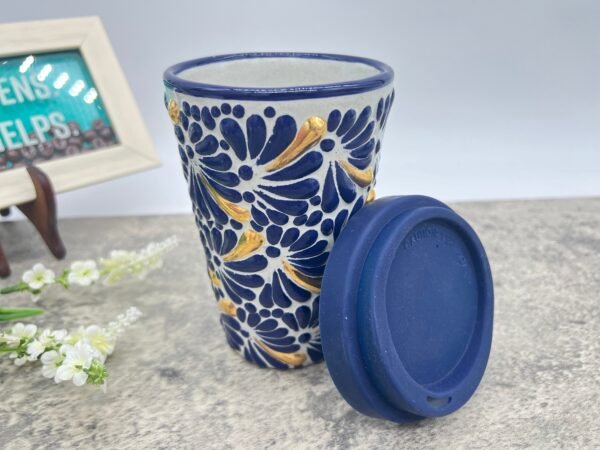 Cappuccino Cup Gold Details, Mexican Coffee Mug, Puebla Talavera Pottery, Ceramic Thermos, Handmade Lead-Free Includes Lid, Custom Available - Image 3