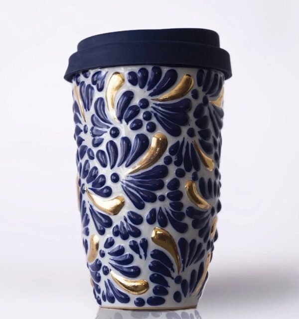 Cappuccino Cup Gold Details, Mexican Coffee Mug, Puebla Talavera Pottery, Ceramic Thermos, Handmade Lead-Free Includes Lid, Custom Available - Image 4