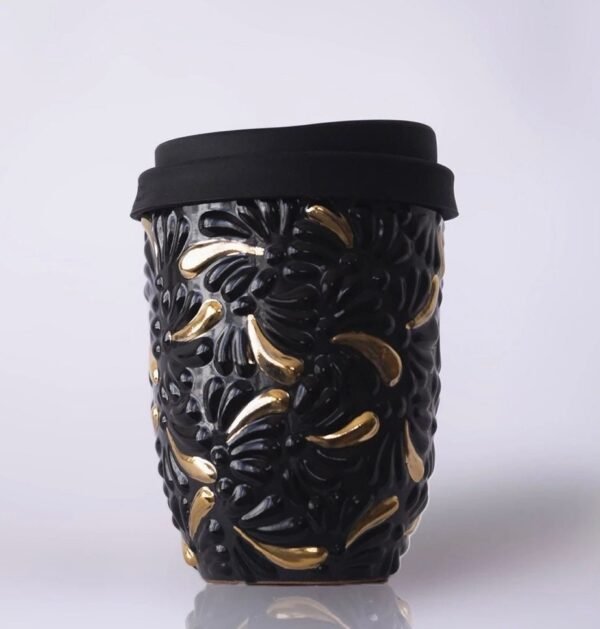 Cappuccino cup, Mexican coffee mug, Talavera pottery, Ceramic thermos with gold details - Image 3