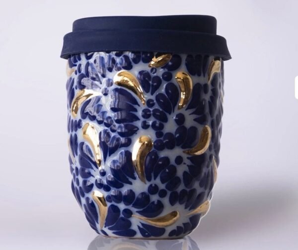 Cappuccino cup, Mexican coffee mug, Talavera pottery, Ceramic thermos with gold details - Image 4